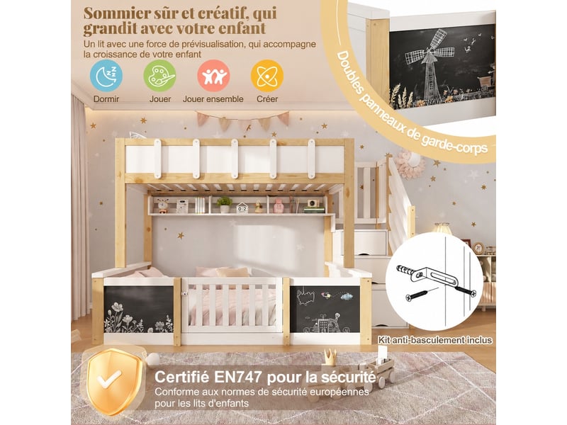  Lit superposé familial 90 x 200 cm et 140 x 200 cm, escalier de rangement, blancnaturel  - Conforama D