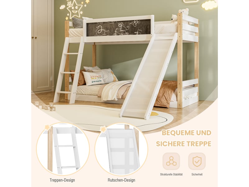  Lit superposé 90x190 et 90x200 cm, toboggan réversible, échelle et tableau noir, bois et panneaux de particules, blanc  - Conforama E
