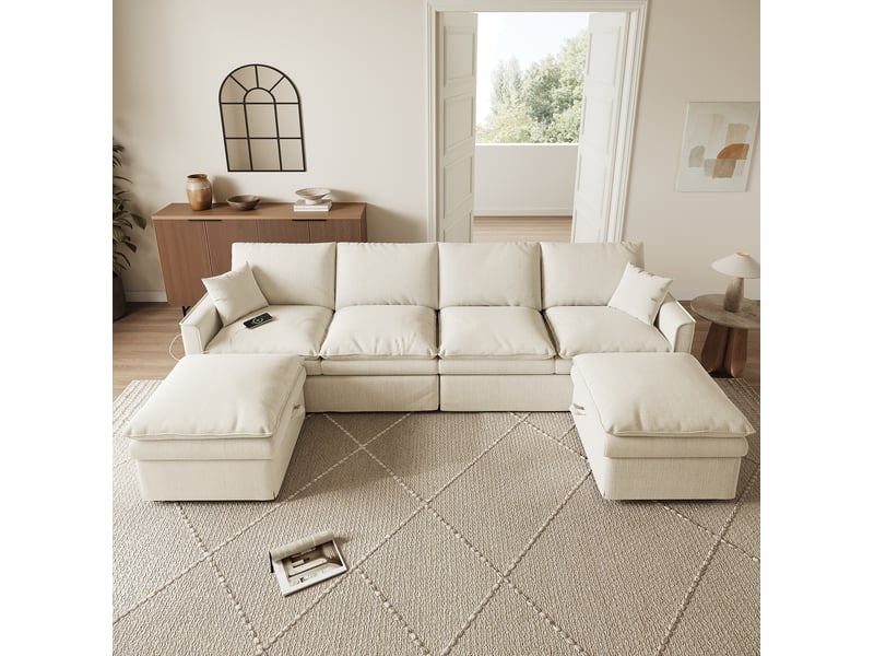  Canapé modulaire d'angle 6 places en u ou l avec 2 poufs de rangement et ports de recharge, coton et lin beige  - Conforama E