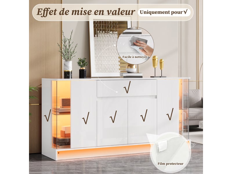  Buffet de rangement 150x40x75 cm, éclairage led, portes battantes, tiroir, éléments vitrés pour salon et salle à manger - blanc GL8834W - Conforama E