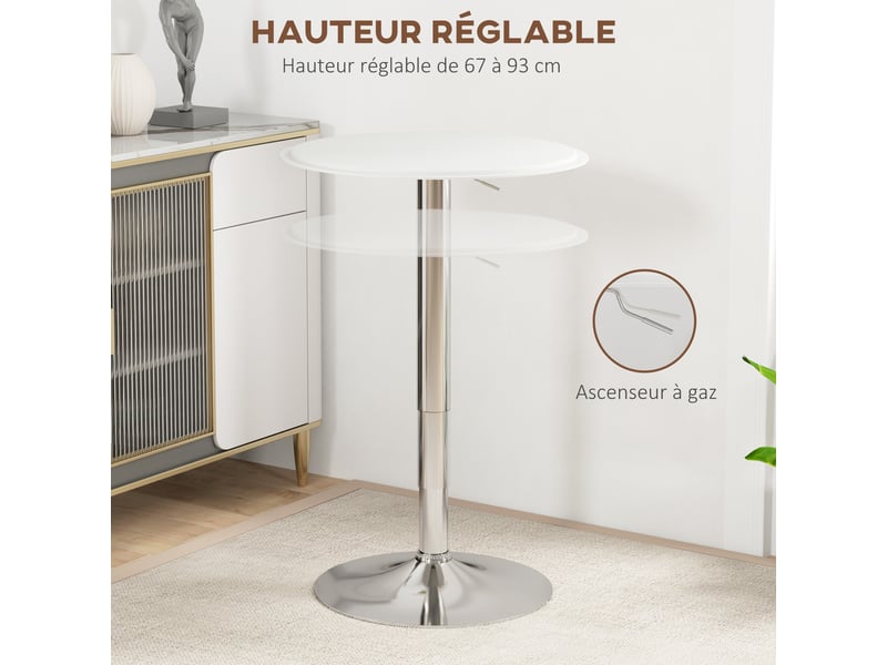  Table de bar table bistro mange-debout hauteur réglable 67-93 cm plateau pivotant 360° métal blanc ø 63 cm  - Conforama A