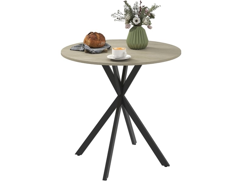  Table de salle à manger pour 2 personnes avec plateau rond et pieds en acier en x, style industriel, en bois, chêne  - Conforama A