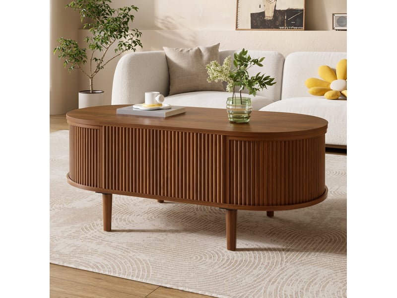  Table basse ovale relevable avec rangement, design ondulé, pour salon, en mdf et bois de pin, couleur noyer  - Conforama E