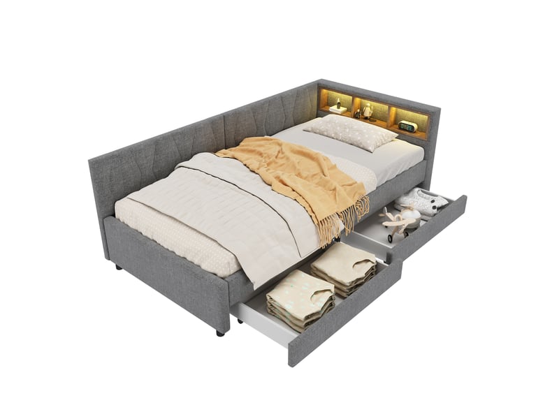  Lit banquette 90x200 en lin gris avec tiroirs - éclairage led, usbtype c et étagères  - Conforama A