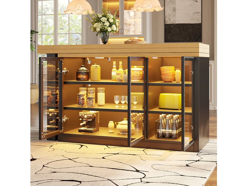 Ensemble table à manger extensible et buffet modenvie, plateaux pivotants à 360°, éclairage multicolore, mdf et verre, noir, 120 à 197 x 40 x 72 cm - Conforama B