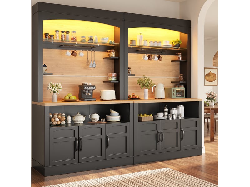  Buffet de cuisine haut en lot de 2 avec 6 portes et 6 étagères latérales, 12 crochets et éclairage led, en mdf noir  - Conforama B