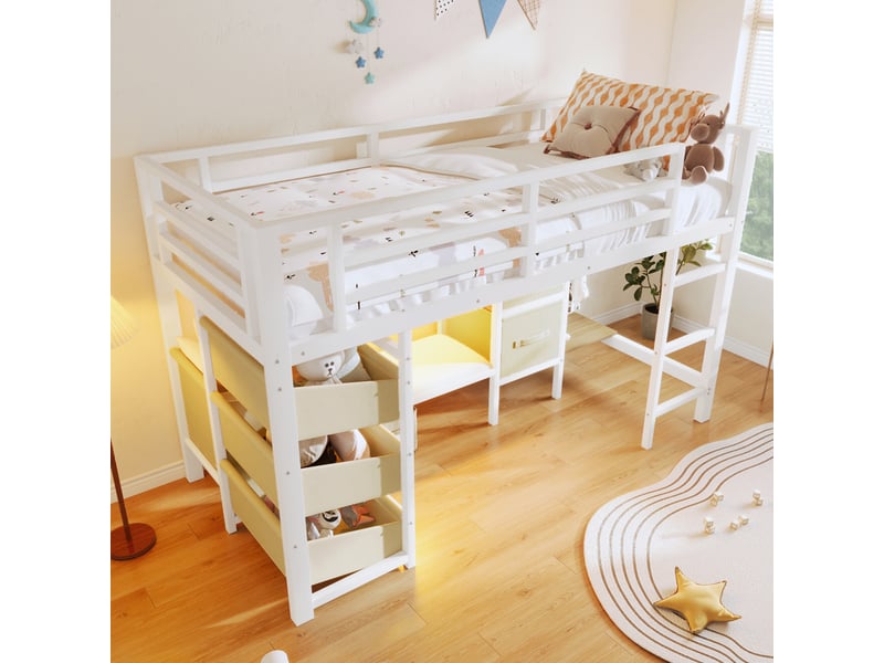 Lit mezzanine 200×90 cm avec rangement textile, éclairage led multicolore et coussin d’assise, sans matelas, en métal - Conforama C