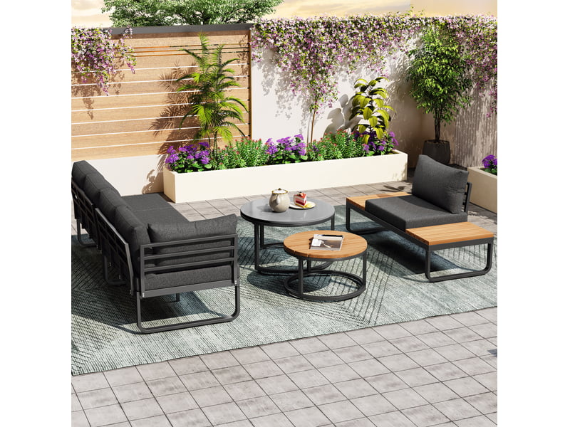 Salon de jardin 5 places 123,5 cm – gris – tables basses gigognes, coussins et pieds réglables - Conforama B