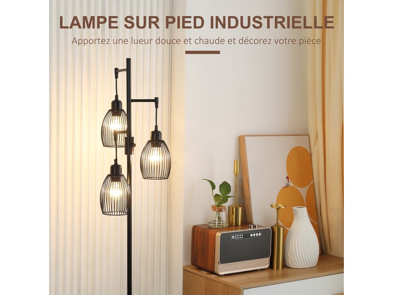  Lampadaire style industriel 40 w max. 3 abat-jours en métal filaire luminosité réglable - noir - ampoule e27  - Conforama E