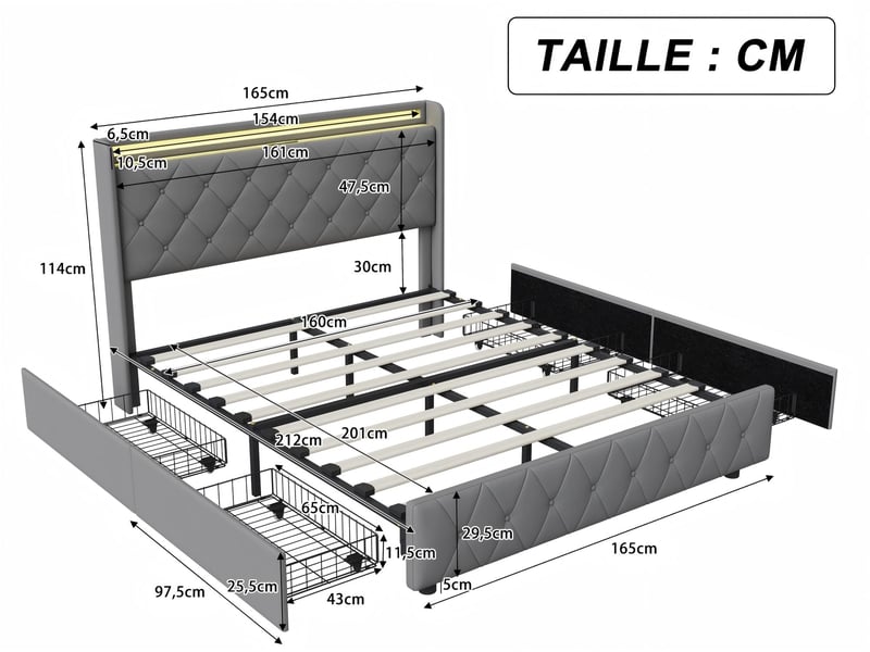  Lit 2 places 160x200 cm - avec éclairage led - tête de lit avec étagère - similicuir pu gris - sommier à lattes inclus  - Conforama C