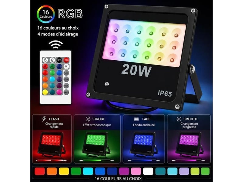  Projecteur led exterieur 20w rgb ip65 aluminium fin avec telecommande, 16 couleurs et 4 modes 238073_AABQO40966_6_DROPFR - Conforama C