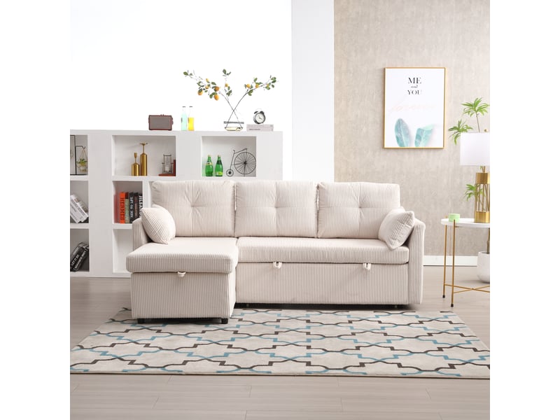  Canapé-lit 206x108x66-88 cm, rangement et couchage d'appoint, velours côtelé beige  - Conforama D