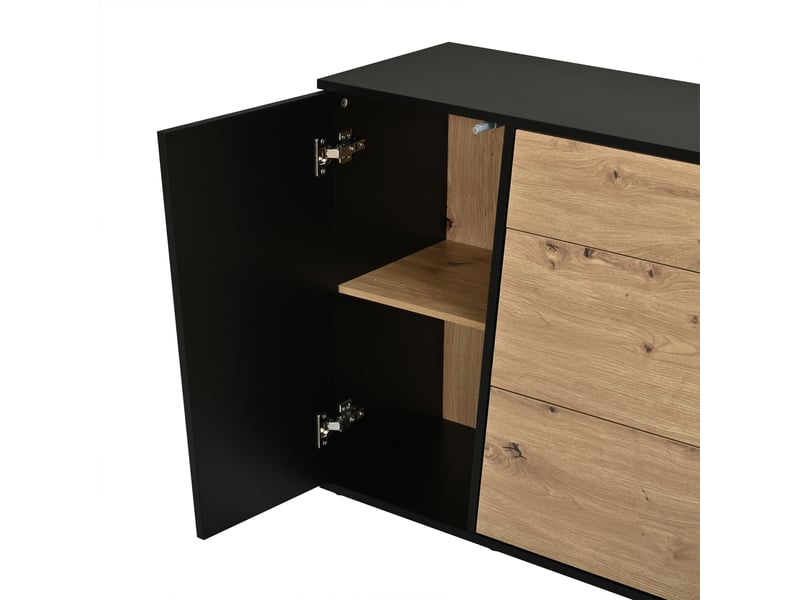  Buffet noir et bois 140 cm, meuble de rangement avec 3 tiroirs et 2 portes  - Conforama W