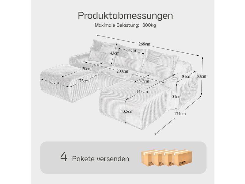Canapé d'angle modulable 3 places en velours côtelé noir avec 2 poufs, porte-gobelet et rangement latéral - Conforama C