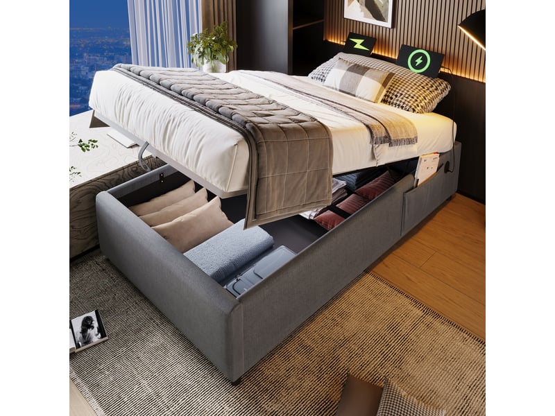  Lit coffre 90x200 cm - lit simple avec coffre de rangement et port usb-c, structure bois et coton, gris, sans tête de lit  - Conforama E