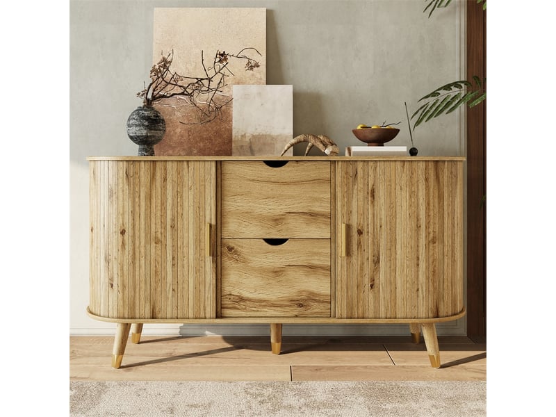  Buffet - 140x40x79.5cm - meuble de rangement bahut ovale avec portes coulissantes à lattes, 2 tiroirs &amp; pieds bois - bois naturel  - Conforama D