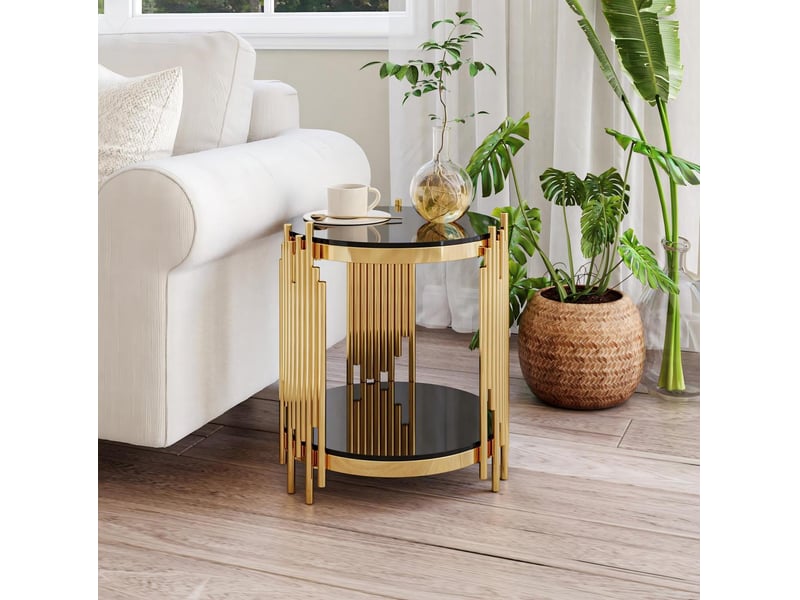  Table d'appoint tcqpz ronde en verre trempé noir et acier inoxydable doré 45 x 45 x 55 cm  - Conforama B