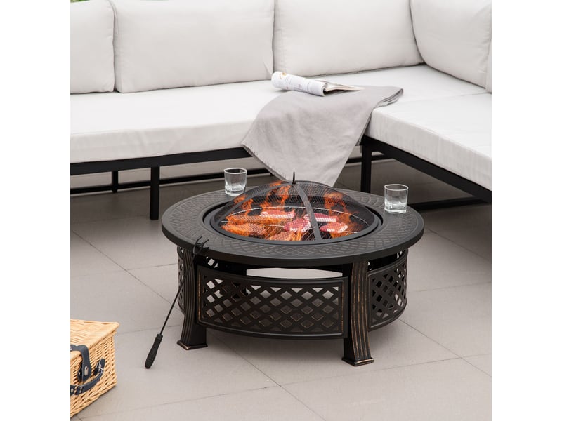  Braséro rond en acier noir (81 x 81 x 50 cm) avec tisonnier et pare-étincelles – idéal pour jardin, camping et barbecue.  - Conforama D