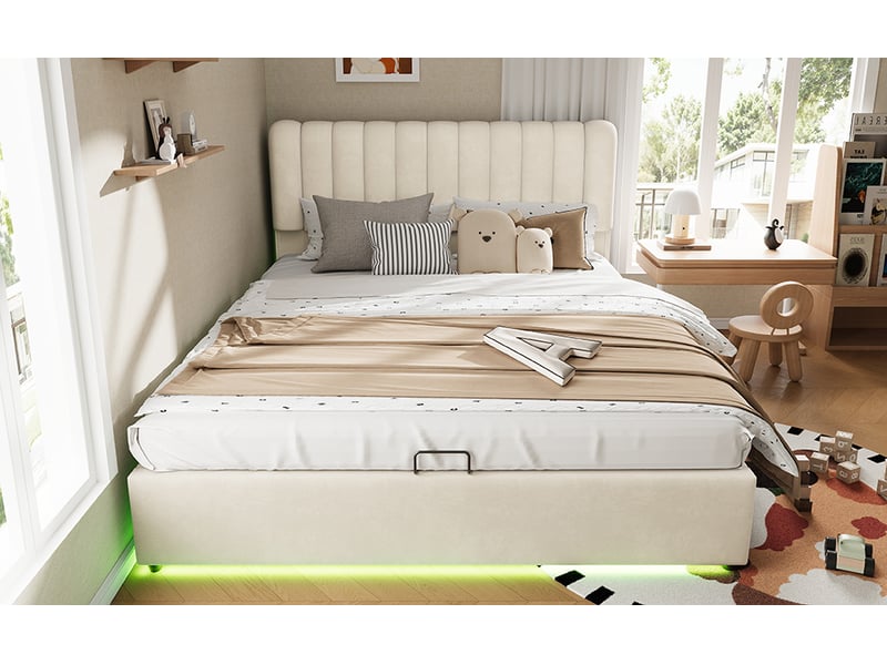  Lit adolescent avec rangement 140 x 200 cm, coffre hydraulique et velours beige  - Conforama W