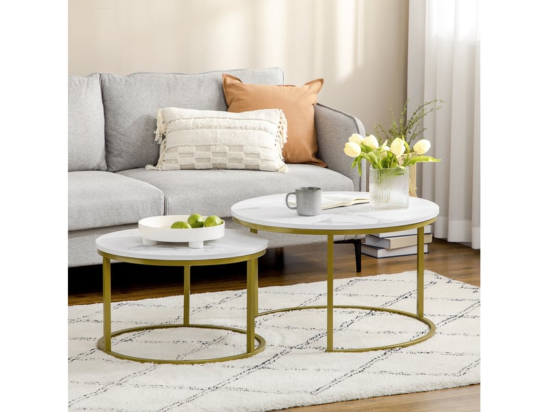  Tables basses gigognes lot de 2 avec plateaux décor marbre, pieds réglables en acier doré, blanches, pour salon  - Conforama B
