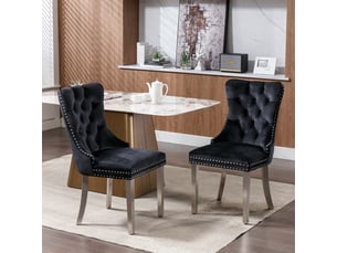 Lot de 2 chaises de salle à manger en velours noir, dossier haut capitonné, clous décoratifs, pieds finition chrome, structure en bois massif
