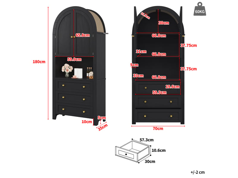  Armoire de rangement haute 70x35x180 cm, espace ouvert, 3 tiroirs et portes, poignées métal, pour chambre, mdf noir  - Conforama C