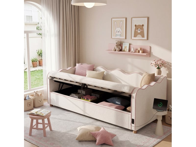  Lit coffre enfant 90x200 cm lit banquette avec usb type-c - bouclé beige (sans matelas)  - Conforama B