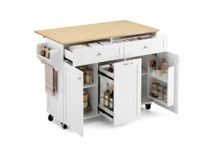 Îlot de cuisine mobile 140x40 cm – blanc et naturel – plan de travail extensible et rangement intégré