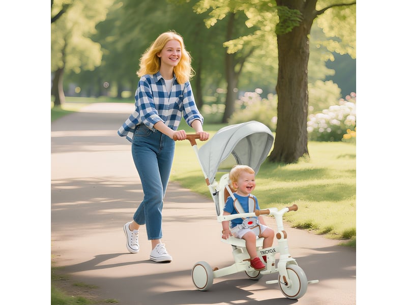  Tricycle bébé évolutif 5 en 1, tricycle enfant pliable avec poignée réglable, capote amovible, pour 1-3 ans, crème  - Conforama B