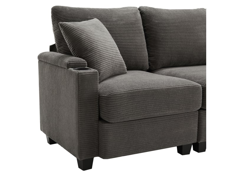  Canapé d'angle en l 213,5x139x87 cm avec rangement, port usb et coussins, velours côtelé gris foncé  - Conforama D