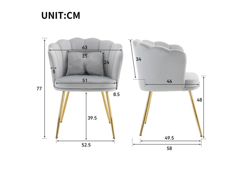  Lot de 2 fauteuils 58x63x77 cm, dossier à pétales, pieds en métal doré, coussins décoratifs, confortable, velours gris  - Conforama C