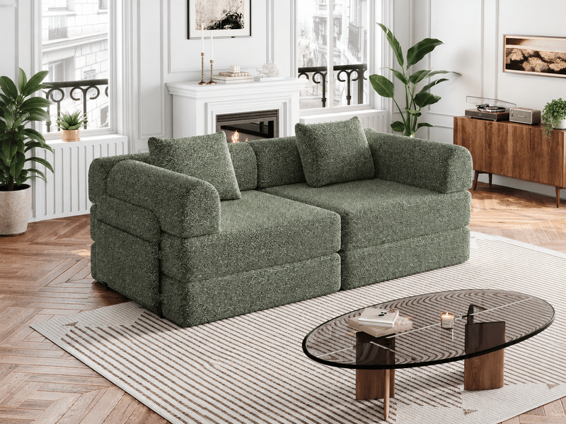  Canapé convertible modulable 2-en-1 en chenille, 2 places, accoudoirs avec rangement, cadre acier, vert, design moderne  - Conforama B
