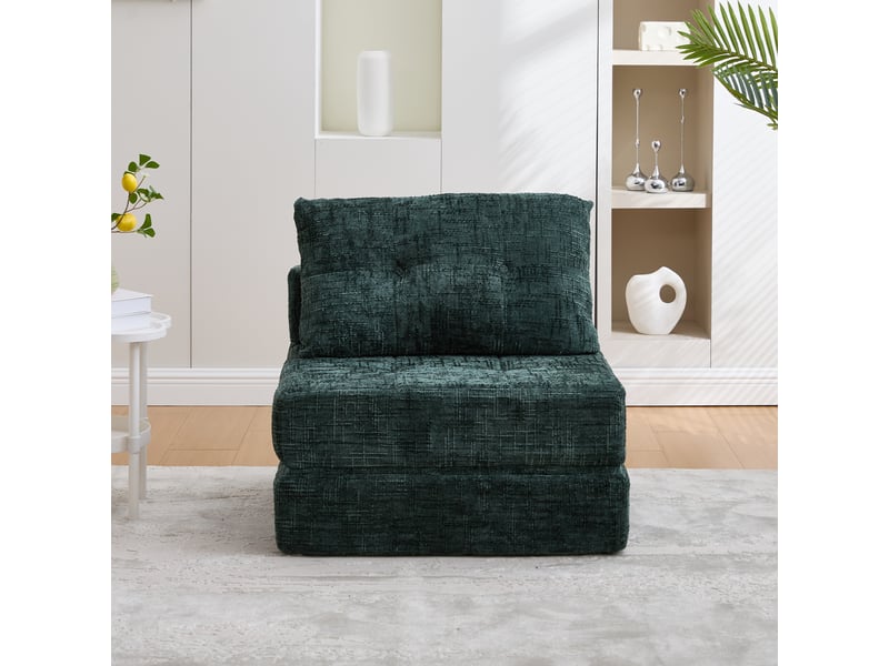 Canapé convertible pliable chenille vert foncé avec coussins, dossier et matelas intégré - Conforama B