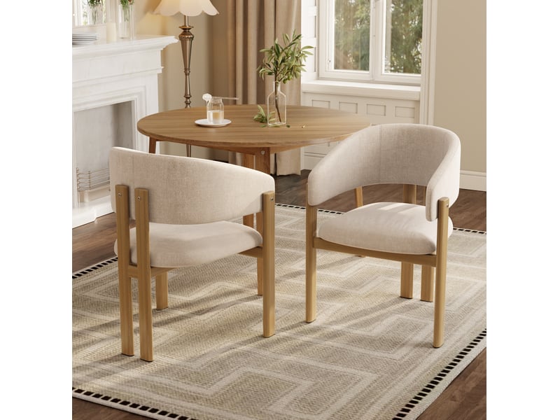  Lot de 4 chaises de salle à manger en métal aspect bois naturel et tissu lin beige  - Conforama C