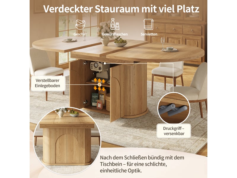  Table à manger ovale extensible 118–158 x 118 x 76,8 cm pour 2–6 personnes, rangement, portes push-to-open, étagères réglables, finition naturelle  - Conforama E
