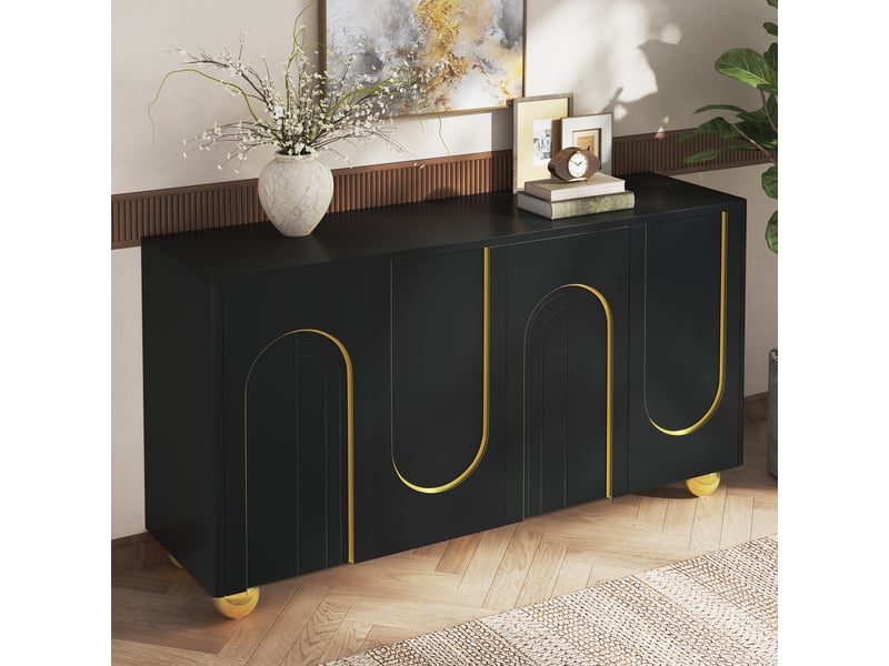  Buffet noir 4 portes meuble rangement salle à manger mdf étagères fixes pièces métal 140x40x74 cm  - Conforama W
