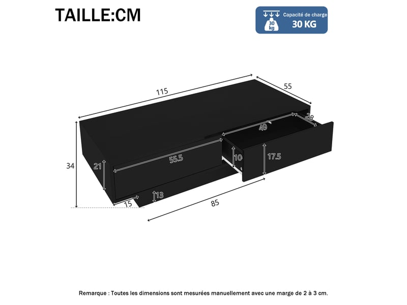  Table basse moderne avec 2 tiroirs, led intégrée et plateau brillant, panneaux laqués, 115 x 55 x 34 cm - noir  - Conforama E