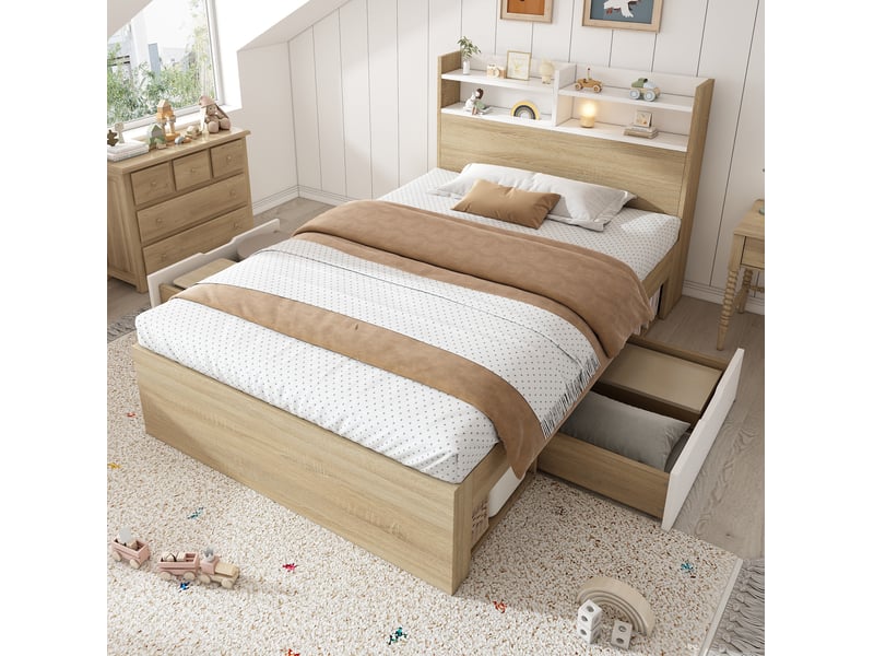  Modenvie lit 1 place 90x200 cm - tête de lit avec étagères, 2 tiroirs et niches, matelas inclus - bicolore  - Conforama E