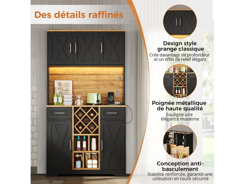  Buffet haut de cuisine 105 x 40 x 180 cm – naturel et noir – led rgb, prises usb et casier à vin amovible  - Conforama E