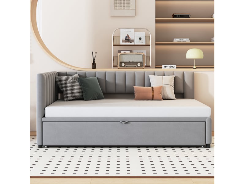  Lit enfant gigogne 90x200cm, gain de place, tête de lit confort, style moderne, velours gris clair, sans matelas  - Conforama D