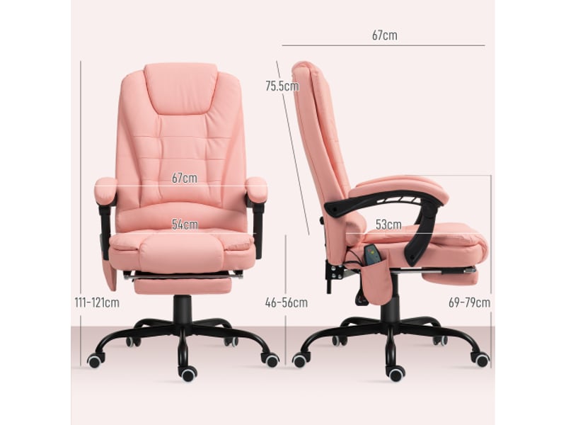 Chaise de bureau ergonomique avec massage 7 points, inclinable, télécommande, rose, 120 kg - Conforama C