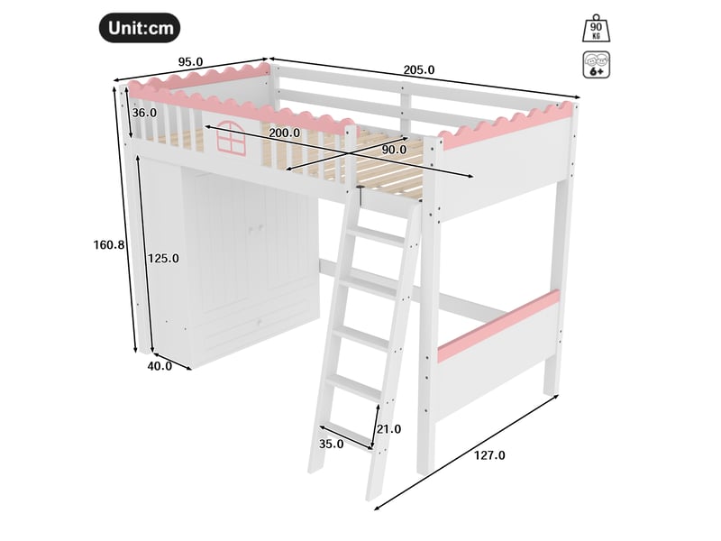  Lit mezzanine 90 x 200 cm, lit enfant surélevé, tiroirs de rangement, placard intégré, étagères ouvertes, éclairage led, bois massif, blanc Morn Vibe - Conforama C