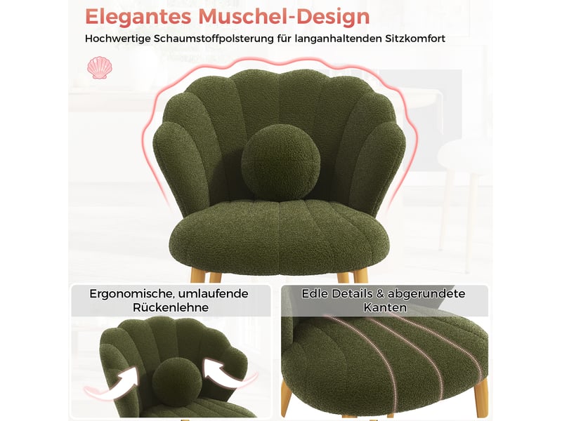  Chaise de salle à manger lot de 6, dossier coquillage et coussin rond, pieds dorés en fer, tissu bouclé vert  - Conforama D