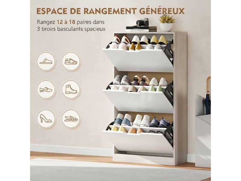  Meuble à chaussures 12 paires, armoire à chaussures étroite, 3 tiroirs rabattables, chêneet blanc  - Conforama E