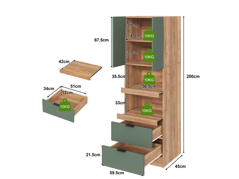 Buffet de cuisine haut 59,5x45x200 cm vert avec espace micro-ondes, 2 tiroirs, tablettes coulissantes et anti-basculement Fay Lum - Conforama C