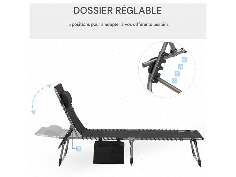  Transat pliable avec dossier réglable 5 positions et poche noir 188 x 57 x 30 cm  - Conforama D