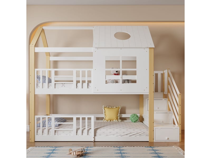  Lit superposé enfant 90x200, lit superposé ,sécurisé gain d'espace avec échelle rangement et barrière de protection  - Conforama A