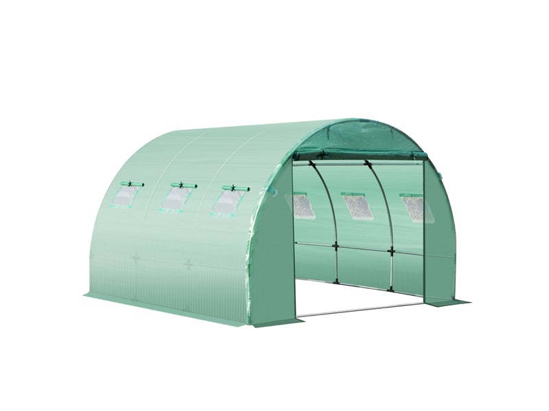  Bâche de rechange serre tunnel 9 m², bâche 3 x 3 x 2 m pe anti-uv imperméable 6 fenêtres + porte enroulable zippée vert foncé  - Conforama B