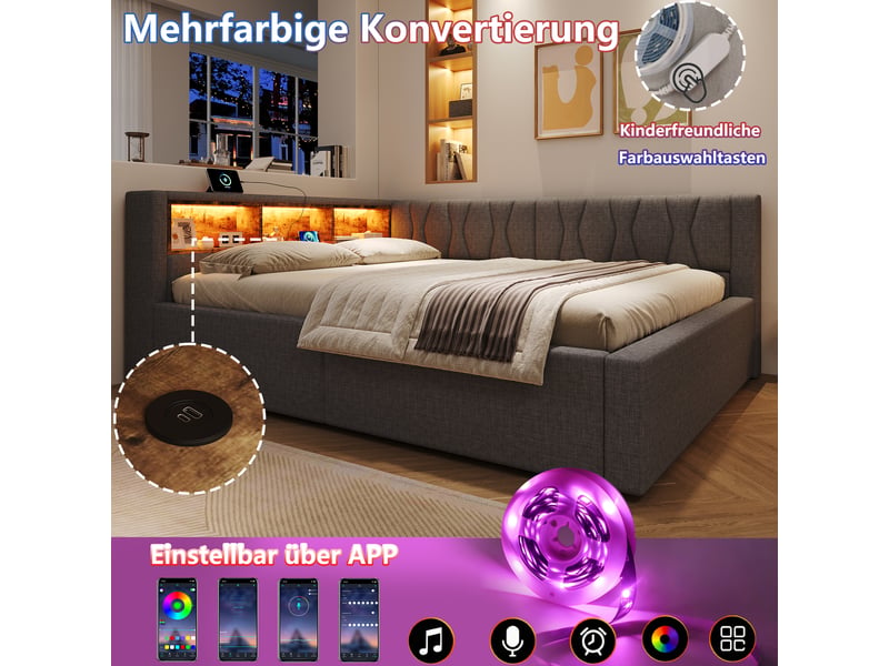 Lit banquette 140x200cm, gris, sans matelas, relevage hydraulique, pour chambre moderne et pratique  - Conforama D