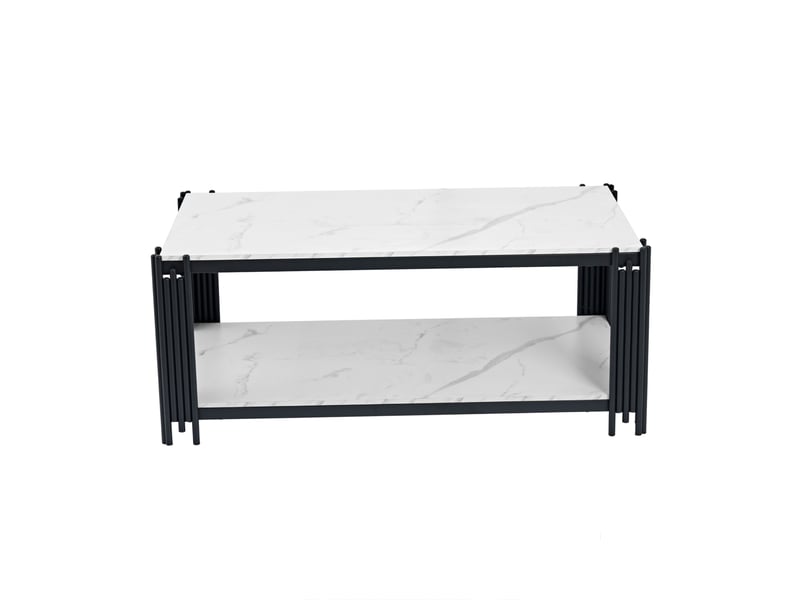  Table basse avec 2 étagères et plateau imitation marbre, en mdf et métal, blanc et noir, 114 × 64 × 46 cm  - Conforama A